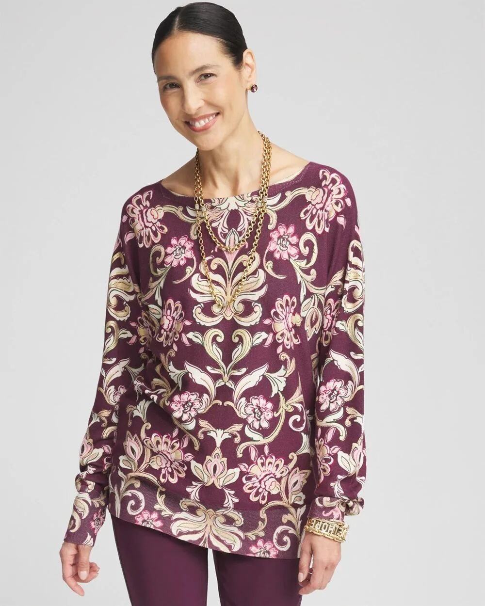 Chicos Foil Dolman Long Sleeve Sweater Women's 4 Or XXL Purple Scrolling